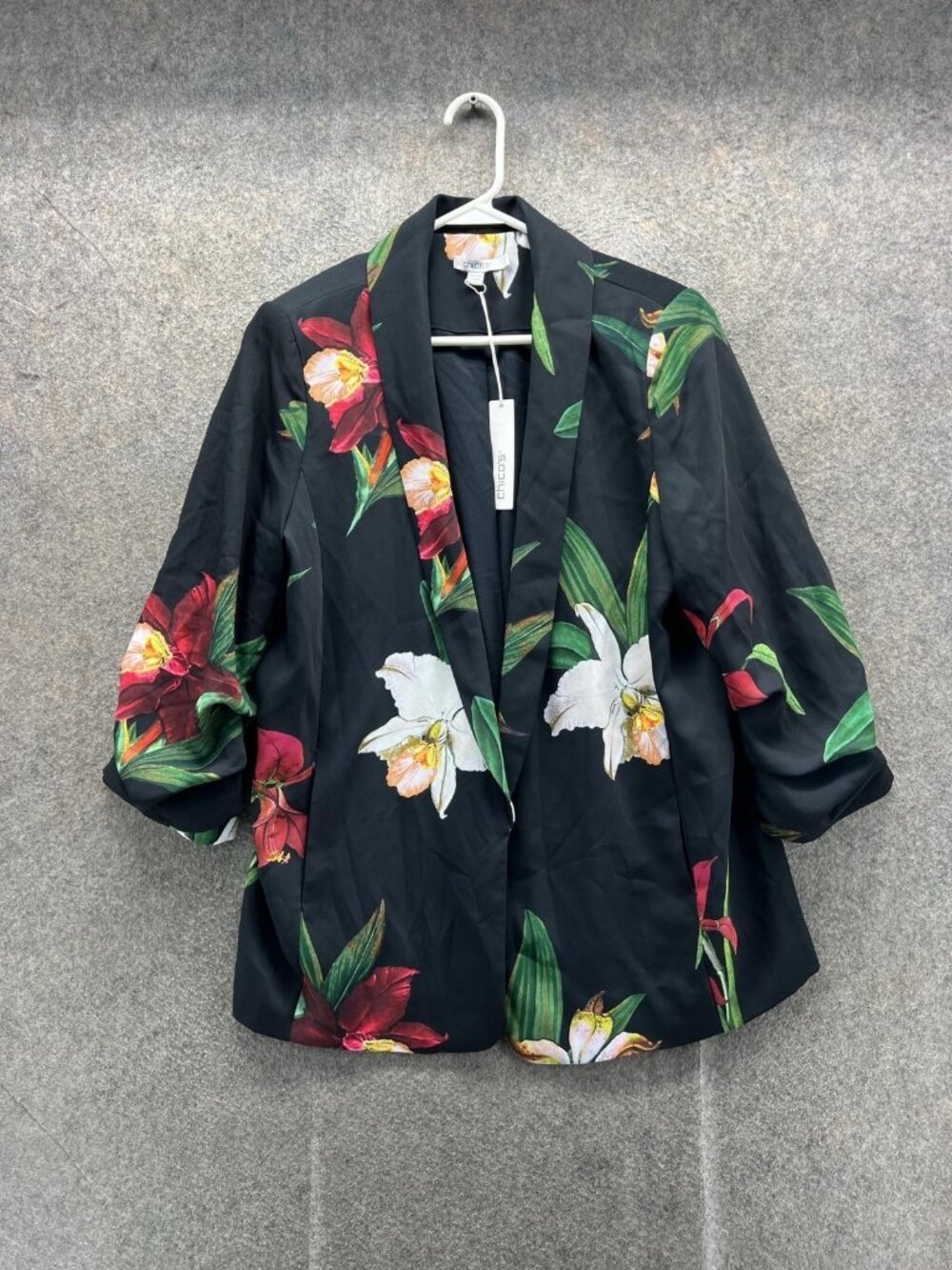 Chico's Blazer Womens 10 Black Floral Tropical Shawl Collar Kimono Jacket